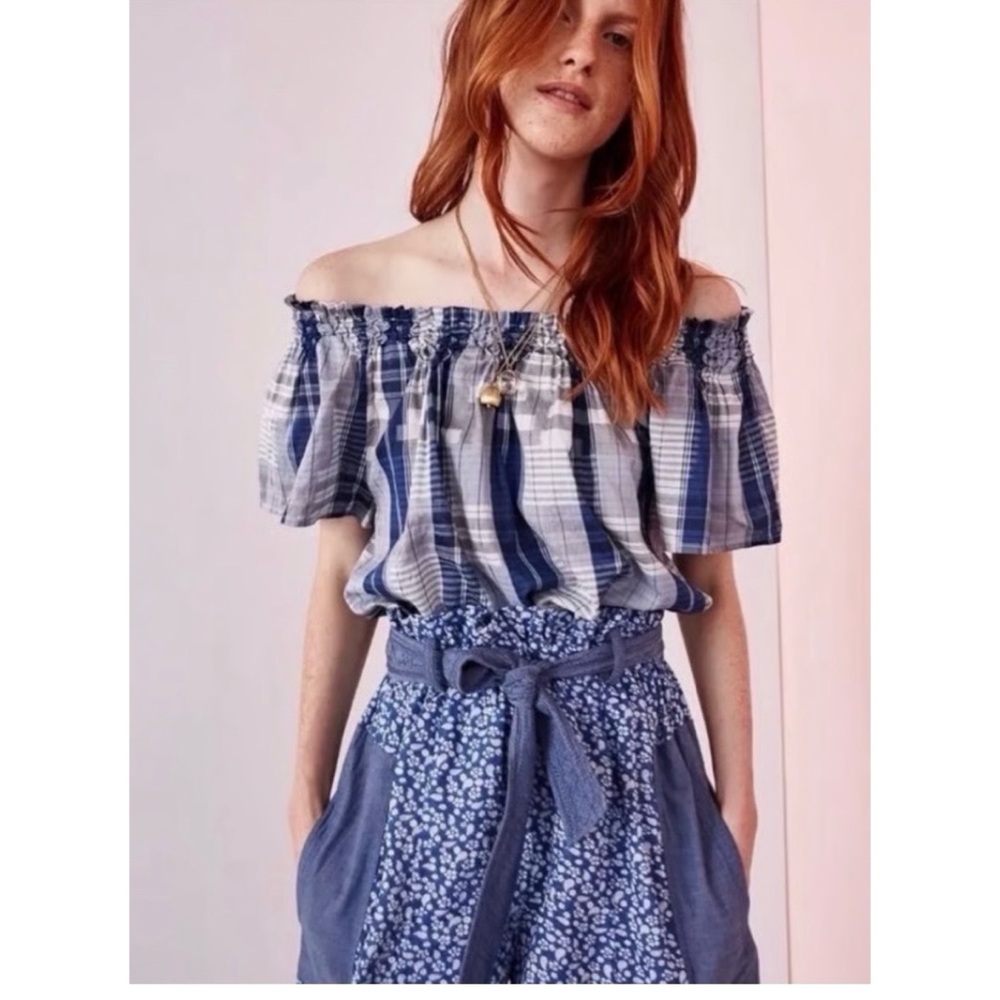 Ulla Johnson Blue Plaid Off Shoulder Top Size Small